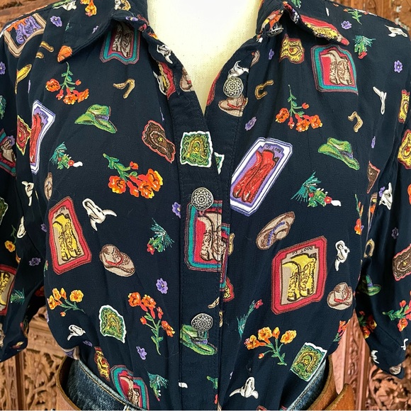 Vintage Western Cowgirl boots hat floral Print button down Shirt - Picture 5 of 12